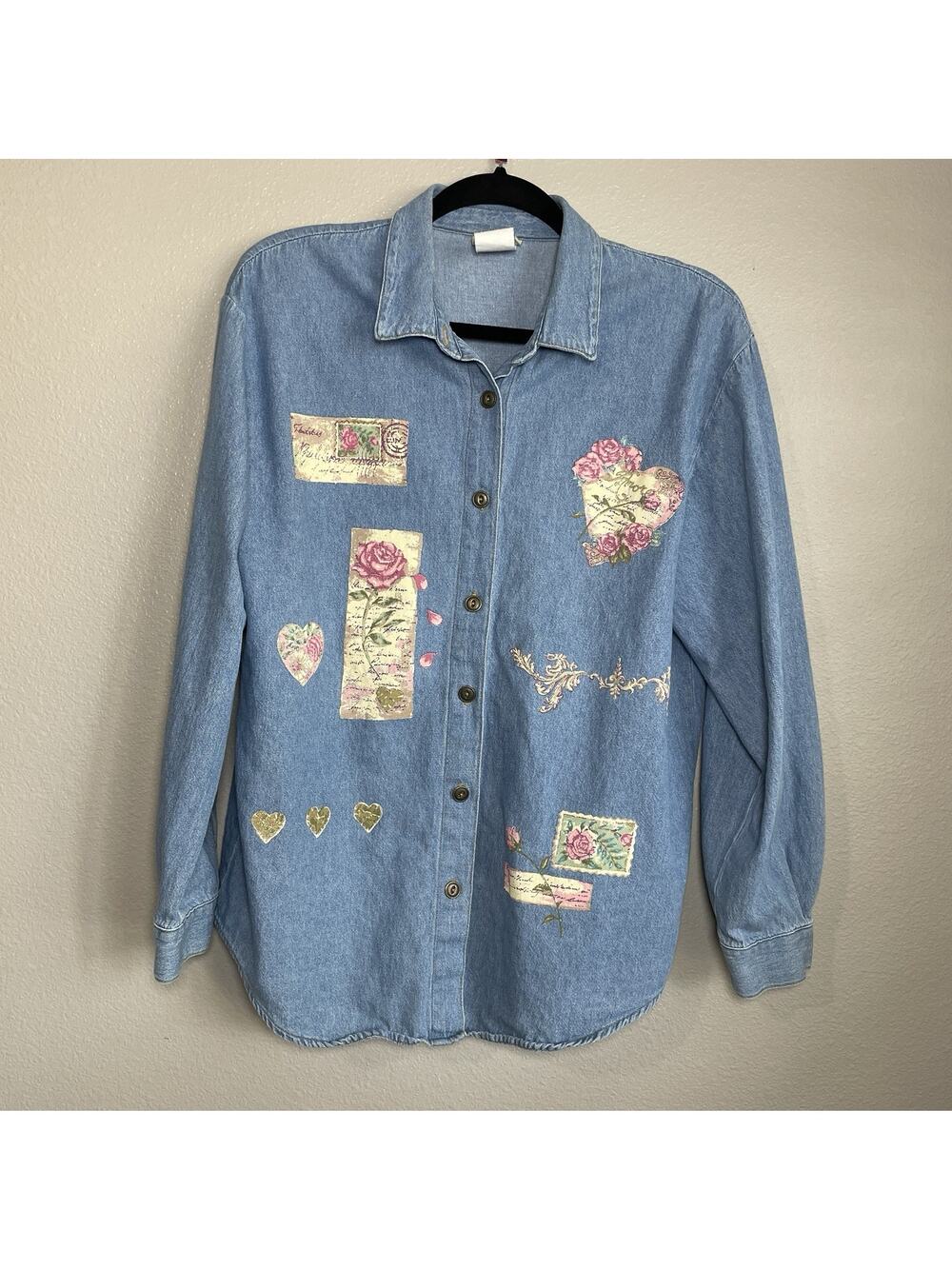 Teddi Denim Women L Blue Floral Heart Button Down Shirt Cottagecore Boho Cotton